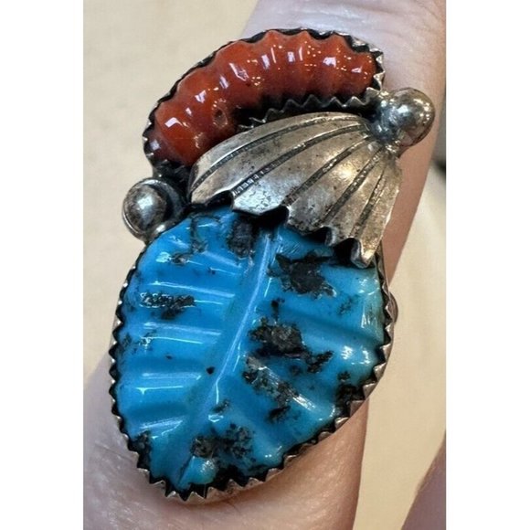 Lyolito Tsette ZUNI Native Sterling Silver CARVED TURQUOISE & CORAL Ring Size 6 - Picture 1 of 12